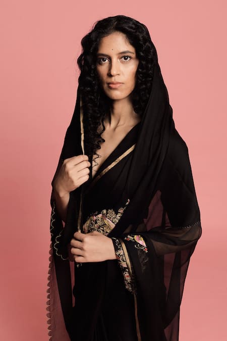 Buy Label Earthen Black Chiffon Silk Embroidered Saree With Blouse Online at Aza Fashions Buy_Label Earthen_Black Chiffon Silk Embroidered Saree With Blouse _Online_at_Aza_Fashions
