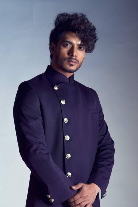 Smriti By Anju Agarwal_Blue Terrycot Asymmetric Bandhgala And Pant Set_Online_at_Aza_Fashions