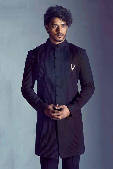 Smriti By Anju Agarwal_Black Terrycot Pleated Sherwani And Pant Set_Online_at_Aza_Fashions