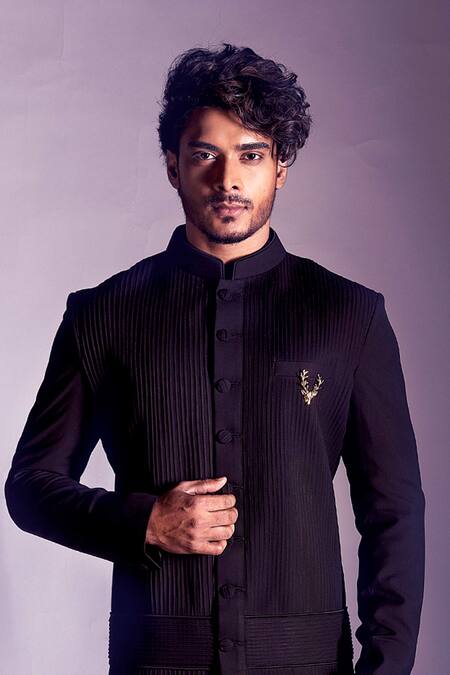 Buy_Smriti By Anju Agarwal_Black Terrycot Pleated Sherwani And Pant Set_Online_at_Aza_Fashions