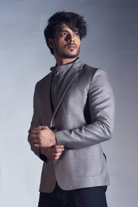 Buy_Smriti By Anju Agarwal_Grey Terrycot Waistcoat And Suit Set_Online_at_Aza_Fashions