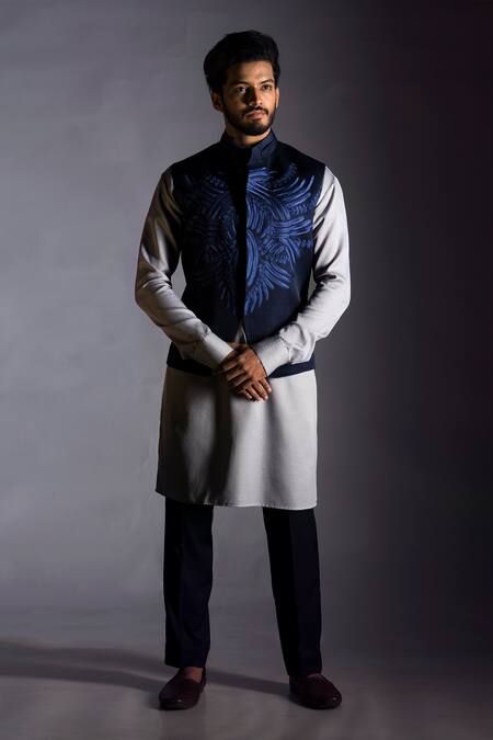 Shop Smriti By Anju Agarwal Blue Linen Satin Embroidered Bundi And Kurta Set at Aza Fashions Shop_Smriti By Anju Agarwal_Blue Linen Satin Embroidered Bundi And Kurta Set _at_Aza_Fashions