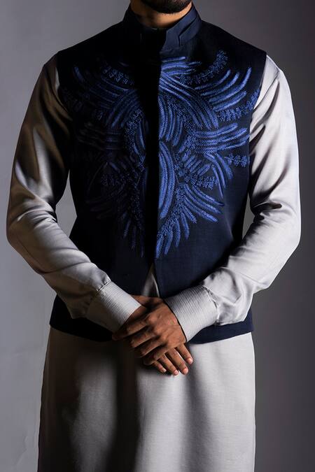 Smriti By Anju Agarwal Blue Linen Satin Embroidered Bundi And Kurta Set Online at Aza Fashions Smriti By Anju Agarwal_Blue Linen Satin Embroidered Bundi And Kurta Set _Online_at_Aza_Fashions