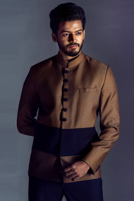 Paarsh_Brown Terrycot Color Block Bandhgala And Pant Set _Online_at_Aza_Fashions