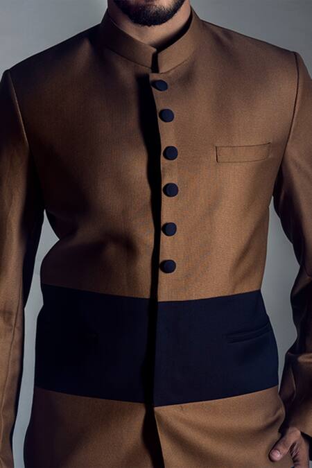 Buy_Paarsh_Brown Terrycot Color Block Bandhgala And Pant Set _Online_at_Aza_Fashions