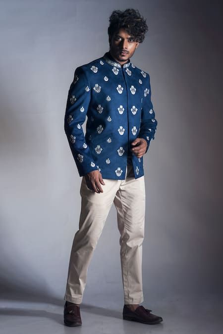 Shop_Smriti By Anju Agarwal_Blue Suede Embroidered Bandhgala And Pant Set _at_Aza_Fashions