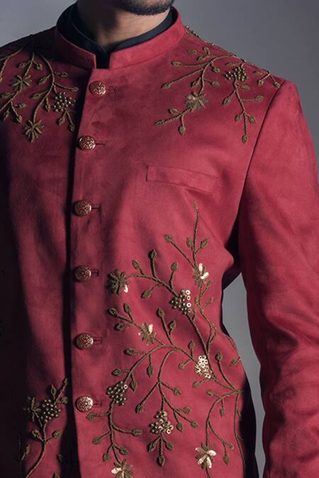 Smriti By Anju Agarwal_Red Suede Embroidered Bandhgala And Pant Set_Online_at_Aza_Fashions