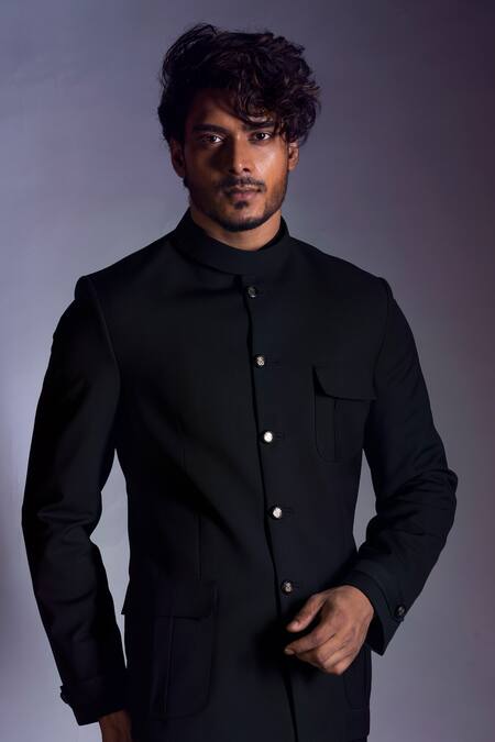 Buy_Smriti By Anju Agarwal_Black Terrycot Button Down Bandhgala And Pant Set_Online_at_Aza_Fashions