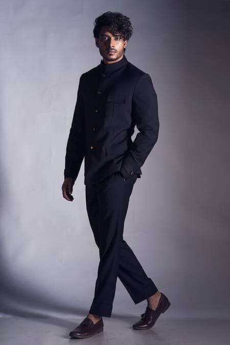 Smriti By Anju Agarwal_Black Terrycot Button Down Bandhgala And Pant Set_Online_at_Aza_Fashions