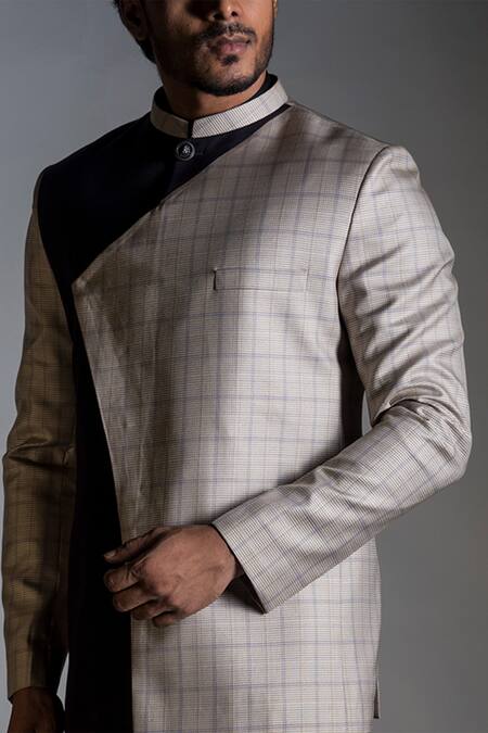 Buy_Smriti By Anju Agarwal_Grey Terrycot Checkered Bandhgala And Pant Set_Online_at_Aza_Fashions