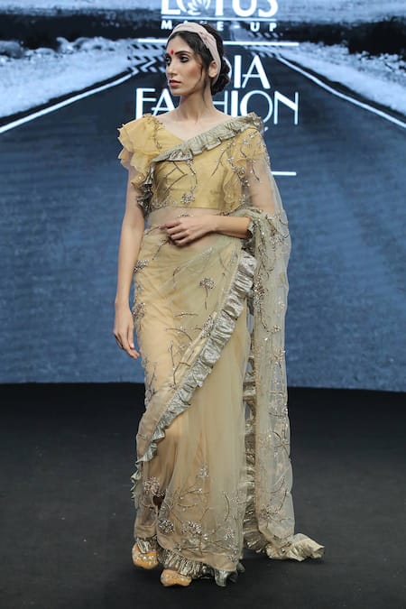 Rina Dhaka Beige Net Hand Embroidered Saree