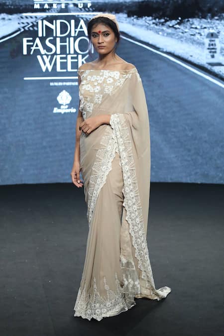 Rina Dhaka Beige Embroidered Saree