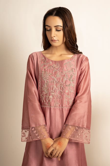 Shop_Rashi Jain_Pink Chanderi Gauhar Kurta And Pant Set _at_Aza_Fashions