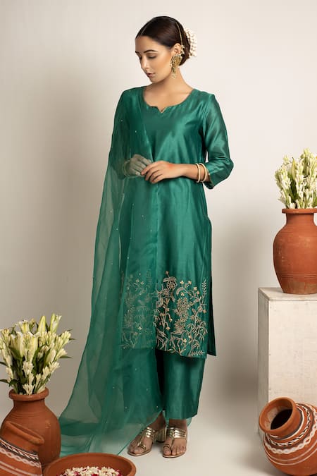 Shop_Rashi Jain_Green Chanderi Zainab Kurta Set _at_Aza_Fashions