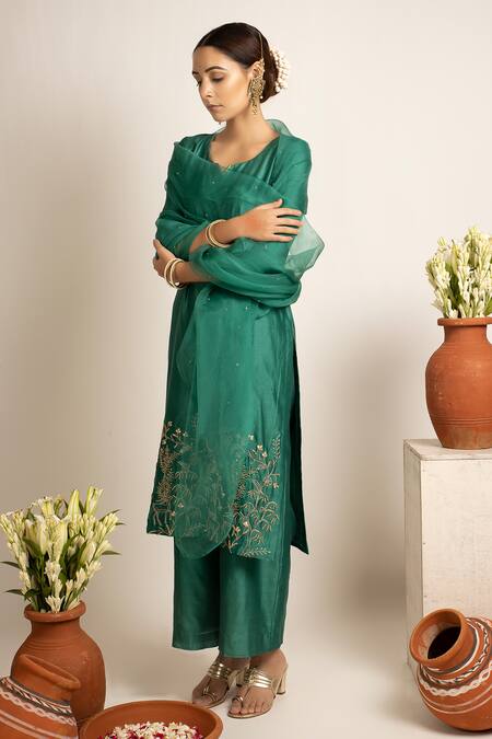 Rashi Jain_Green Chanderi Zainab Kurta Set _Online_at_Aza_Fashions