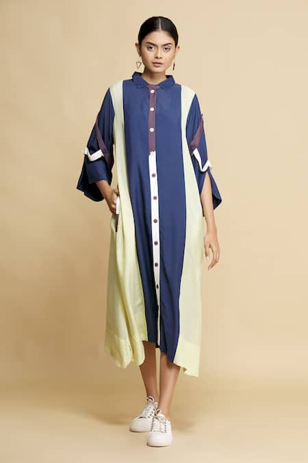 Bhavik Shah Blue Cotton Silk Colorblock Shirt Dress