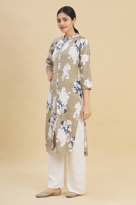 Nazaakat By Samara Singh Beige Rayon Printed Kurta And Pant Set