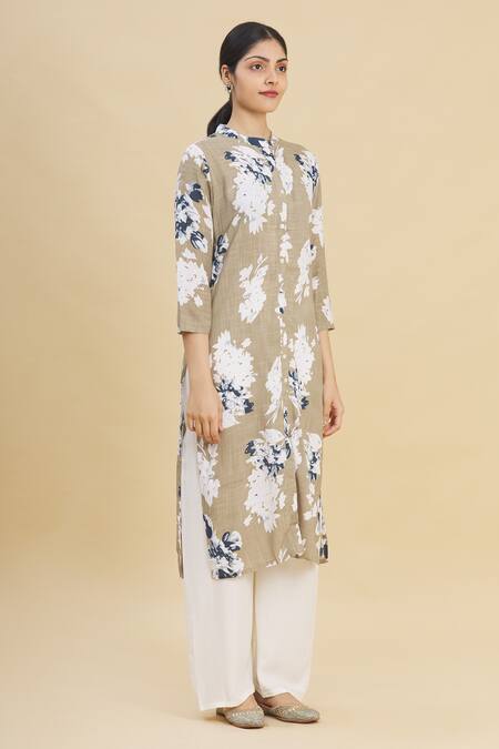 Nazaakat By Samara Singh_Beige Rayon Printed Kurta And Pant Set_Online_at_Aza_Fashions