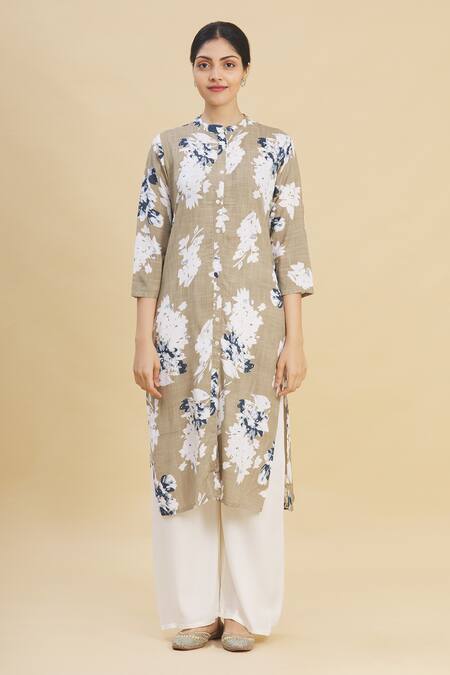 Buy_Nazaakat By Samara Singh_Beige Rayon Printed Kurta And Pant Set_Online_at_Aza_Fashions