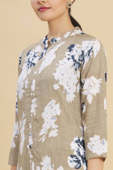 Nazaakat By Samara Singh_Beige Rayon Printed Kurta And Pant Set_at_Aza_Fashions