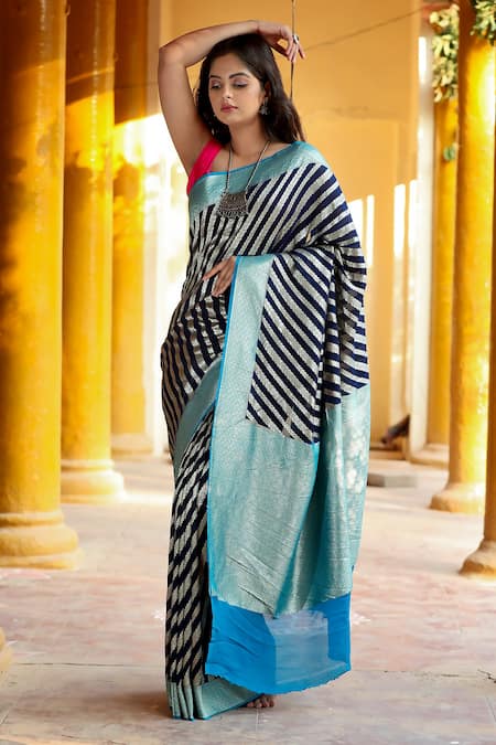 Naaritva India_Blue Handloom Cotton, Chiffon Zari Banarasi Handwoven Saree _Online_at_Aza_Fashions