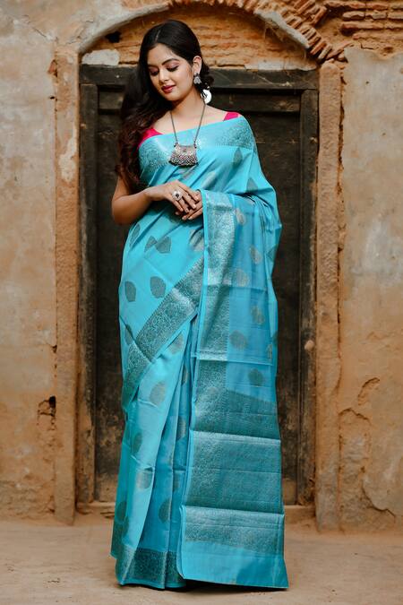Buy_Naaritva India_Blue Chiffon Zari Chiniya Silk Banarasi Handwoven Saree With Running Blouse_Online_at_Aza_Fashions