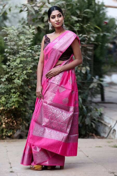 Naaritva India_Pink Chiffon, Chanderi Handwoven Saree With Running Blouse _Online_at_Aza_Fashions