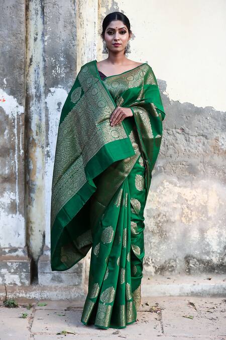 Shop_Naaritva India_Green Chiffon Zari Antique Handwoven Banarasi Saree With Running Blouse_Online_at_Aza_Fashions