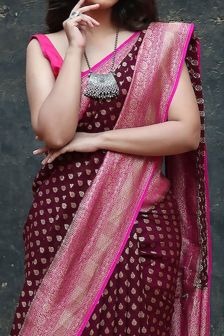 Shop_Naaritva India_Brown Handloom Cotton, Floral Handwoven Banarasi Saree With Running Blouse _Online_at_Aza_Fashions