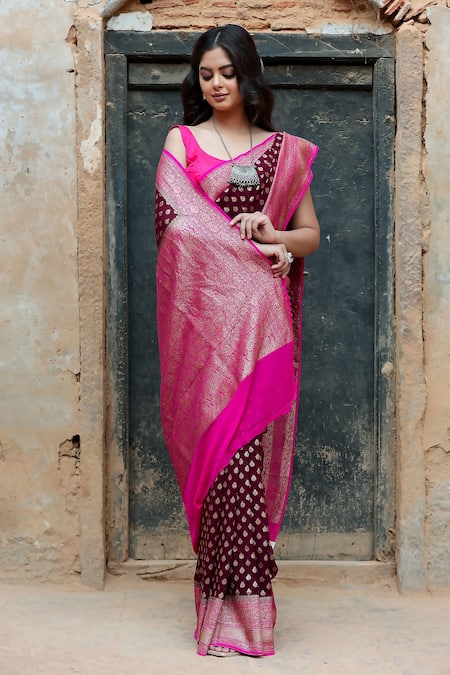 Buy_Naaritva India_Brown Handloom Cotton, Floral Handwoven Banarasi Saree With Running Blouse _Online_at_Aza_Fashions