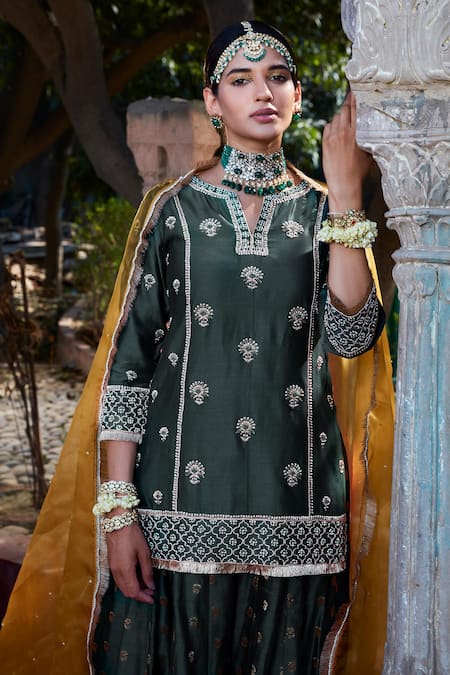 Buy Kritika Dawar Green Chanderi, Organza Embroidery, Pearls, Zari Dori Kurta Sharara Set Online at Aza Fashions Buy_Kritika Dawar_Green Chanderi, Organza Embroidery, Pearls, Zari Dori Kurta Sharara Set _Online_at_Aza_Fashions