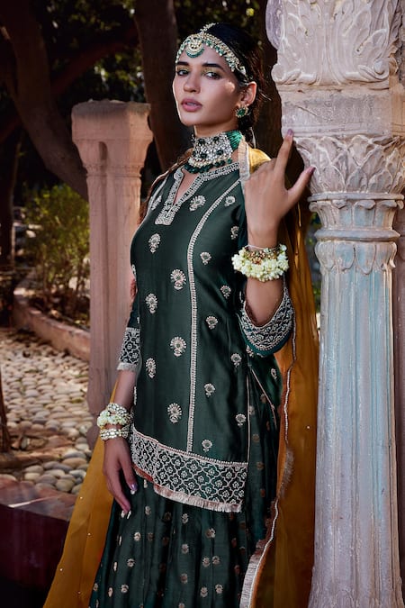 Shop Kritika Dawar Green Chanderi, Organza Embroidery, Pearls, Zari Dori Kurta Sharara Set Online at Aza Fashions Shop_Kritika Dawar_Green Chanderi, Organza Embroidery, Pearls, Zari Dori Kurta Sharara Set _Online_at_Aza_Fashions