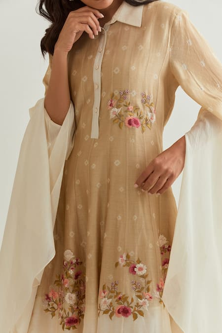 Prama By Pratima Pandey_Beige Chanderi Embroidered Floral Collared Neck Maxi Dress  _Online_at_Aza_Fashions