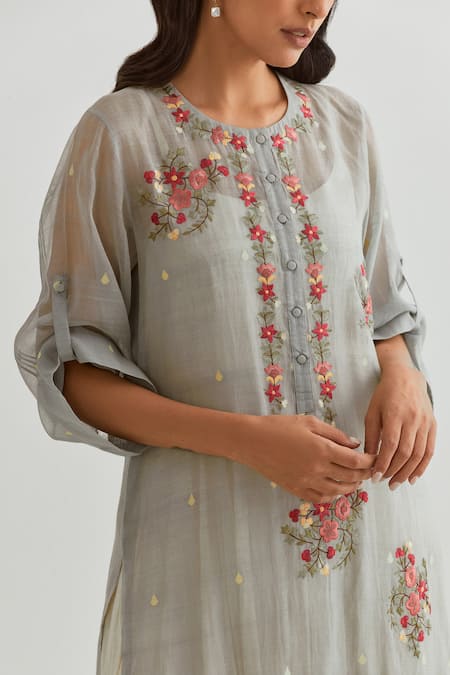 Prama By Pratima Pandey Blue Chanderi Embroidered Parsi Round Zardosi Dress With Inner Online at Aza Fashions Prama By Pratima Pandey_Blue Chanderi Embroidered Parsi Round Zardosi Dress With Inner _Online_at_Aza_Fashions