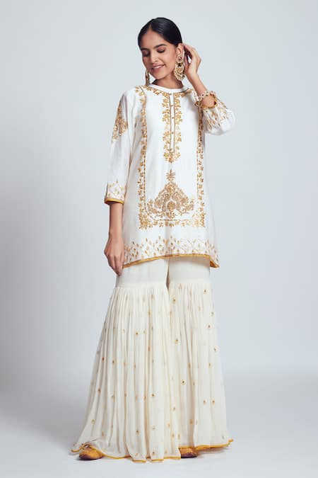 Sheetal Batra White Kurta Chanderi Silk Gharara Georgette Round And Set 