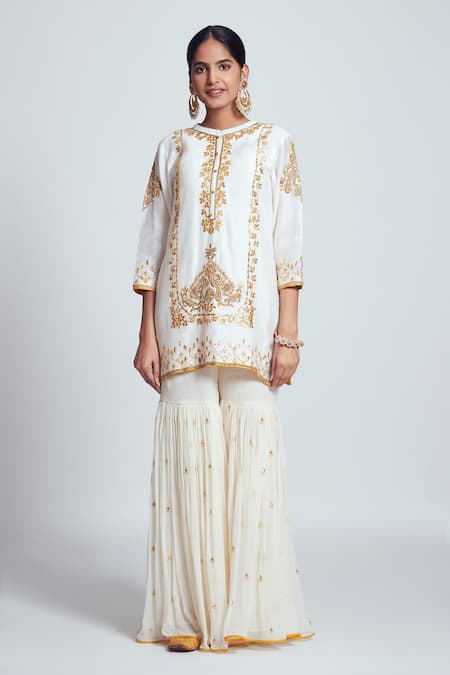 Sheetal Batra_White Kurta Chanderi Silk Gharara Georgette Round And Set_Online_at_Aza_Fashions