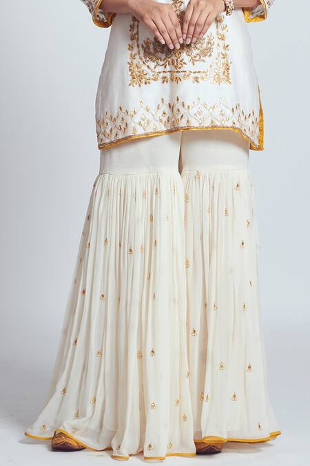 Shop_Sheetal Batra_White Kurta Chanderi Silk Gharara Georgette Round And Set_Online_at_Aza_Fashions