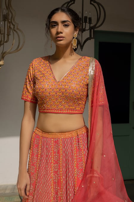 Shop_Surbhi Gupta_Pink Organza, Georgette, Cotton Silk V Neck Printed Lehenga Set _Online_at_Aza_Fashions