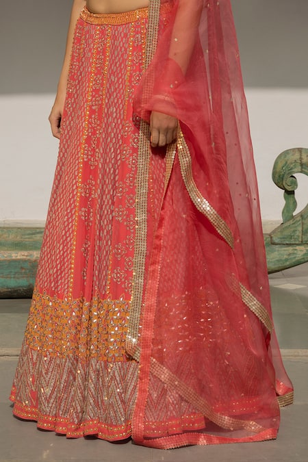 Surbhi Gupta_Pink Organza, Georgette, Cotton Silk V Neck Printed Lehenga Set _at_Aza_Fashions