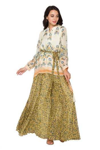 Soup By Sougat Paul Yellow Chiffon Band Collar Asymmetric Tunic Sharara Set Online at Aza Fashions Soup By Sougat Paul_Yellow Chiffon Band Collar Asymmetric Tunic Sharara Set _Online_at_Aza_Fashions