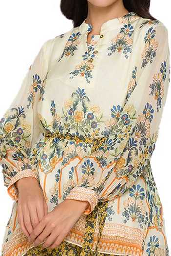 Shop Soup By Sougat Paul Yellow Chiffon Band Collar Asymmetric Tunic Sharara Set Online at Aza Fashions Shop_Soup By Sougat Paul_Yellow Chiffon Band Collar Asymmetric Tunic Sharara Set _Online_at_Aza_Fashions