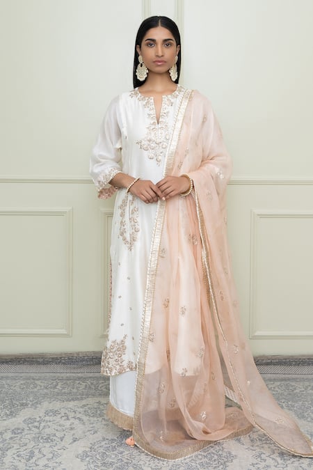 Sheetal Batra White Modal Satin, Organza, Chanderi Notched Choga Kurta Set 