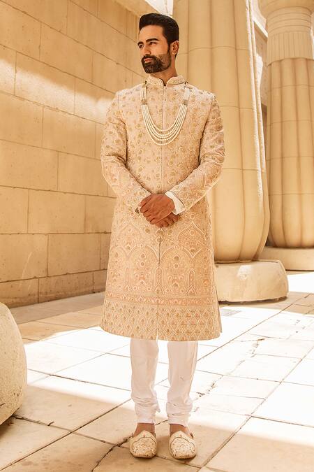 Soniya G_Gold Raw Silk Embroidered Sherwani Set_Online_at_Aza_Fashions