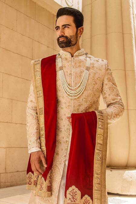 Buy_Soniya G_Gold Raw Silk Embroidered Sherwani Set_Online_at_Aza_Fashions