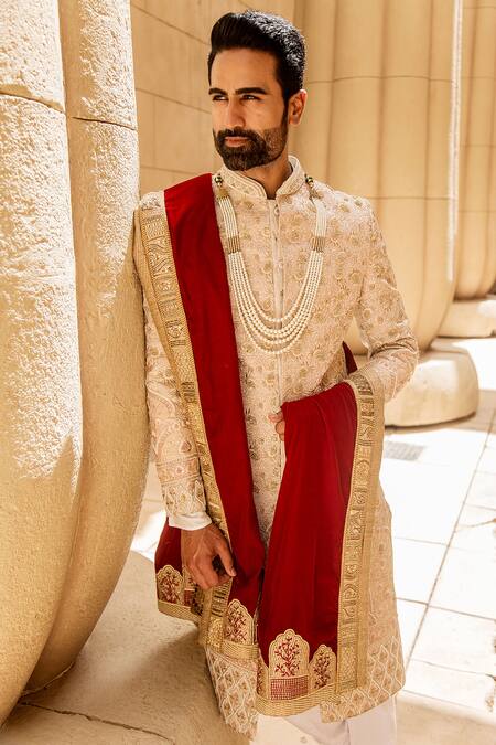 Shop_Soniya G_Gold Raw Silk Embroidered Sherwani Set_Online_at_Aza_Fashions