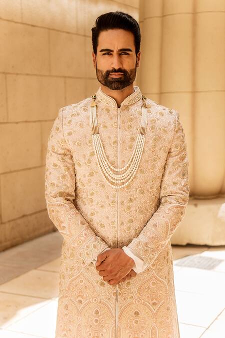Soniya G_Gold Raw Silk Embroidered Sherwani Set_at_Aza_Fashions