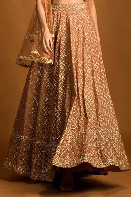 Izzumi Mehta Gold Blouse And Lehenga Chanderi Jacket Net Zardozi Embroidered Set Online at Aza Fashions Izzumi Mehta_Gold Blouse And Lehenga Chanderi Jacket Net Zardozi Embroidered Set _Online_at_Aza_Fashions