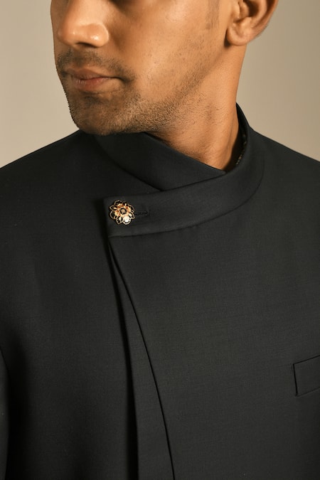 Shop_Dhruv Vaish_Black Terry Wool Panelled Sherwani Set _Online_at_Aza_Fashions