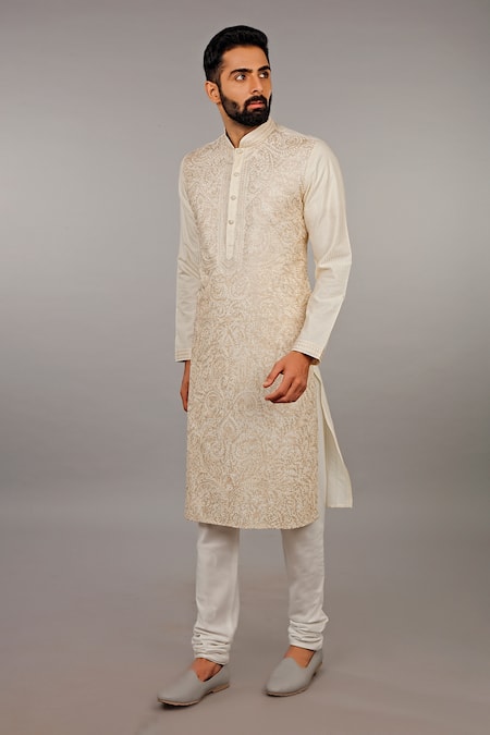Vanshik Beige Kurta Churidar Cotton Embroidered Set