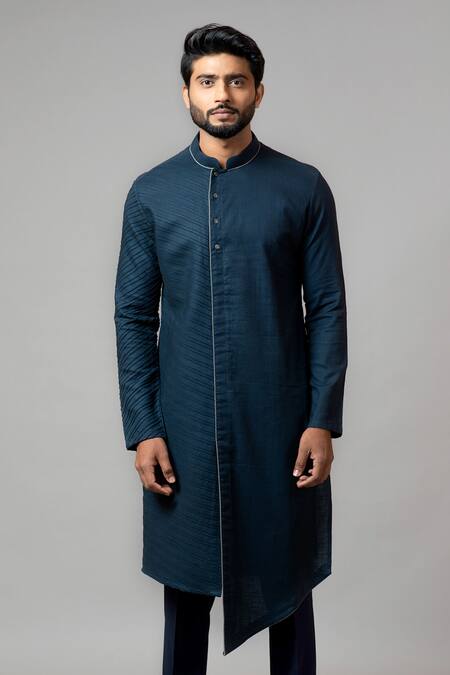 Buy_PAARSH_Blue Kurta Linen Pajama Pant Malai Cotton Pintuck Set _Online_at_Aza_Fashions